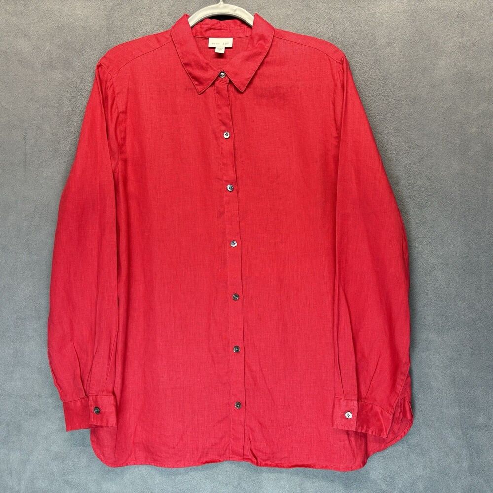 J Jill Love Linen‎ Shirt Size MT Medium Tall Button Up Long Sleeve Red